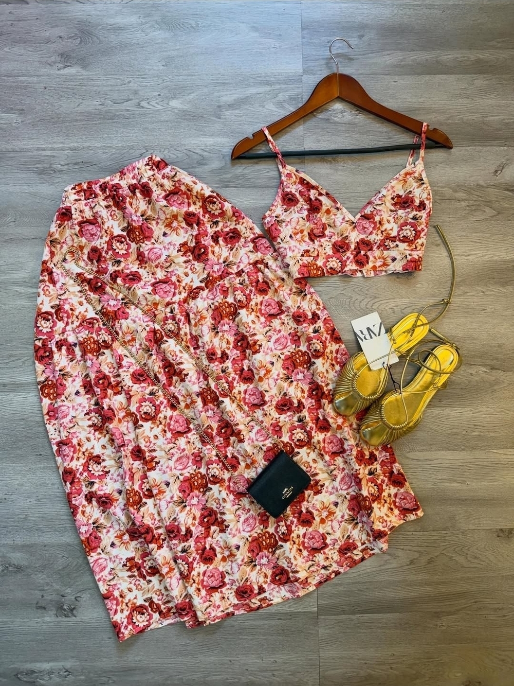 Women's Pink Rose Floral Midi Skirt and Cropped Top Set